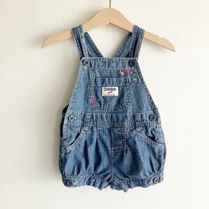 OshKosh Baby Girls 12 Mos Romper Overall Chambray Floral Embroidered 100% Cotton